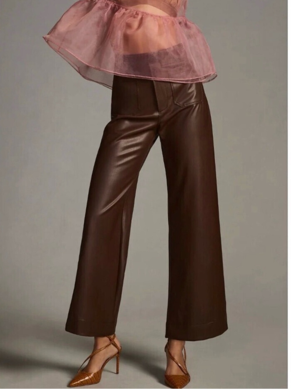 MAEVE • the Colette Wide-Leg Faux Leather cropped Pants in Dark Brown size 26